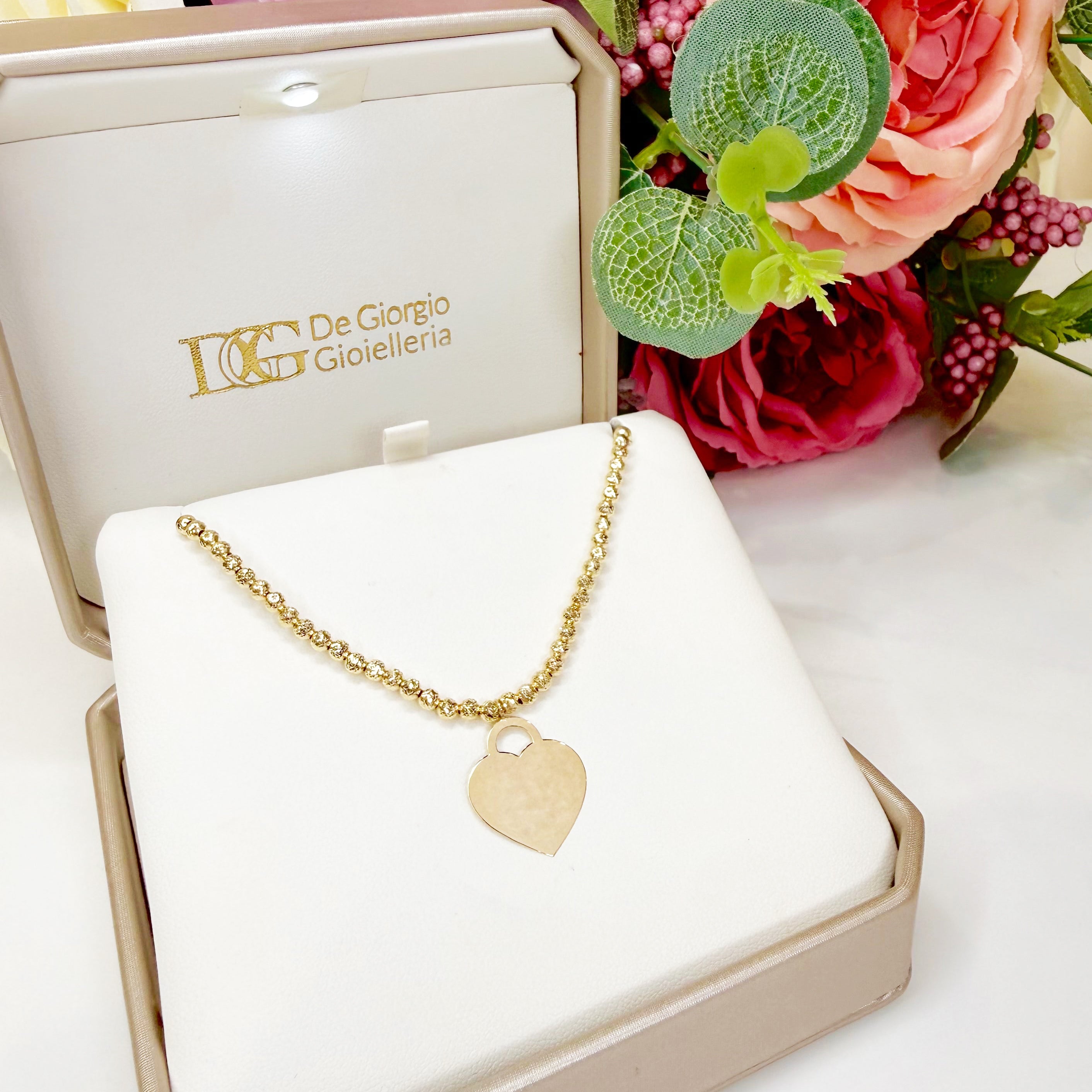 Collana con cuore incidibile in oro giallo 18KT (750) e sfere diamantate