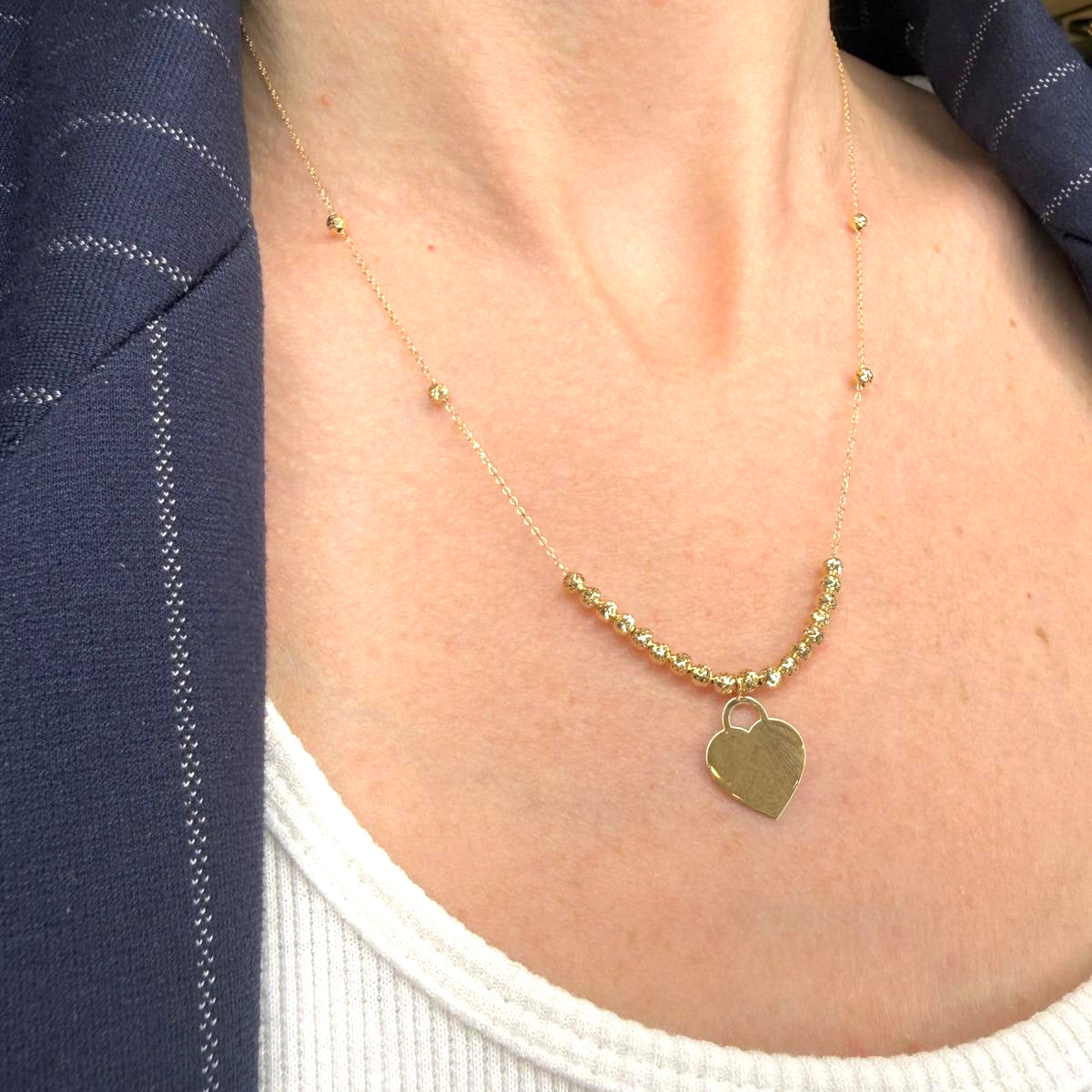 Collana con cuore incidibile in oro giallo 18KT (750) e sfere diamantate
