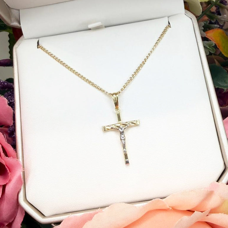 Collana da Uomo con Crocifisso Bicolore e Maglia Grumetta in Oro 18 KT