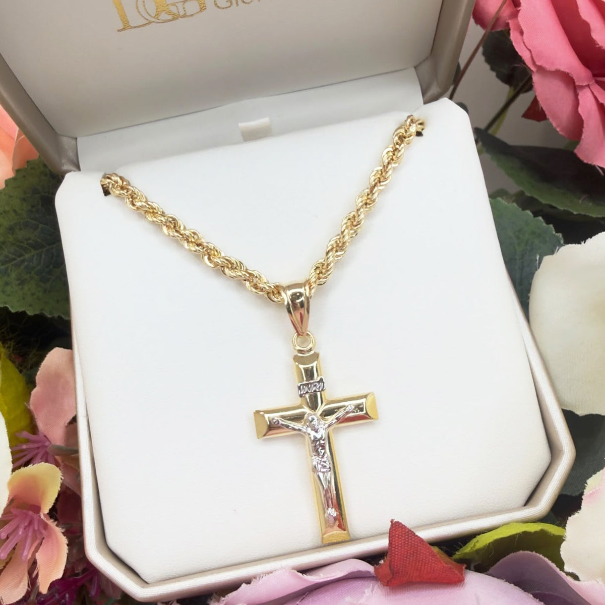 COLLANA UOMO CON CROCIFISSO BICOLORE IN ORO 18 KT (750)
