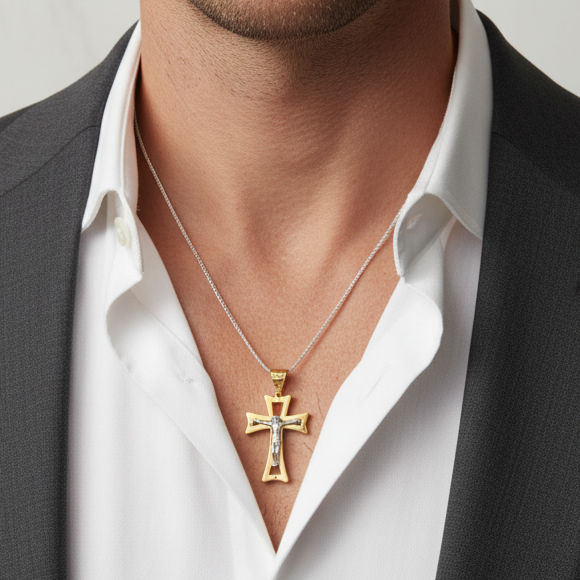 Ciondolo croce in oro giallo e bianco 18KT (750) con Cristo