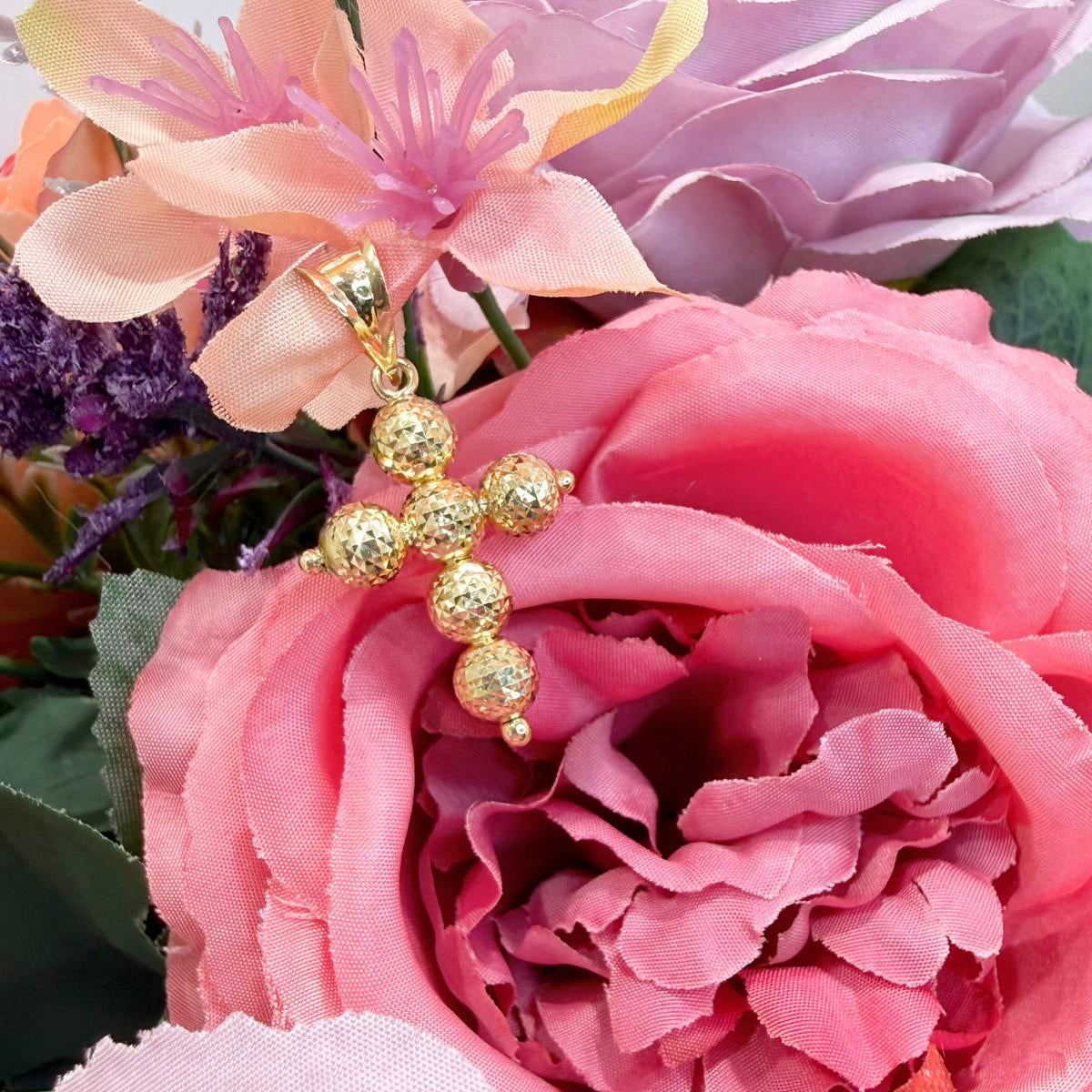 Ciondolo a croce in oro giallo 18KT (750) con sfere diamantate unisex