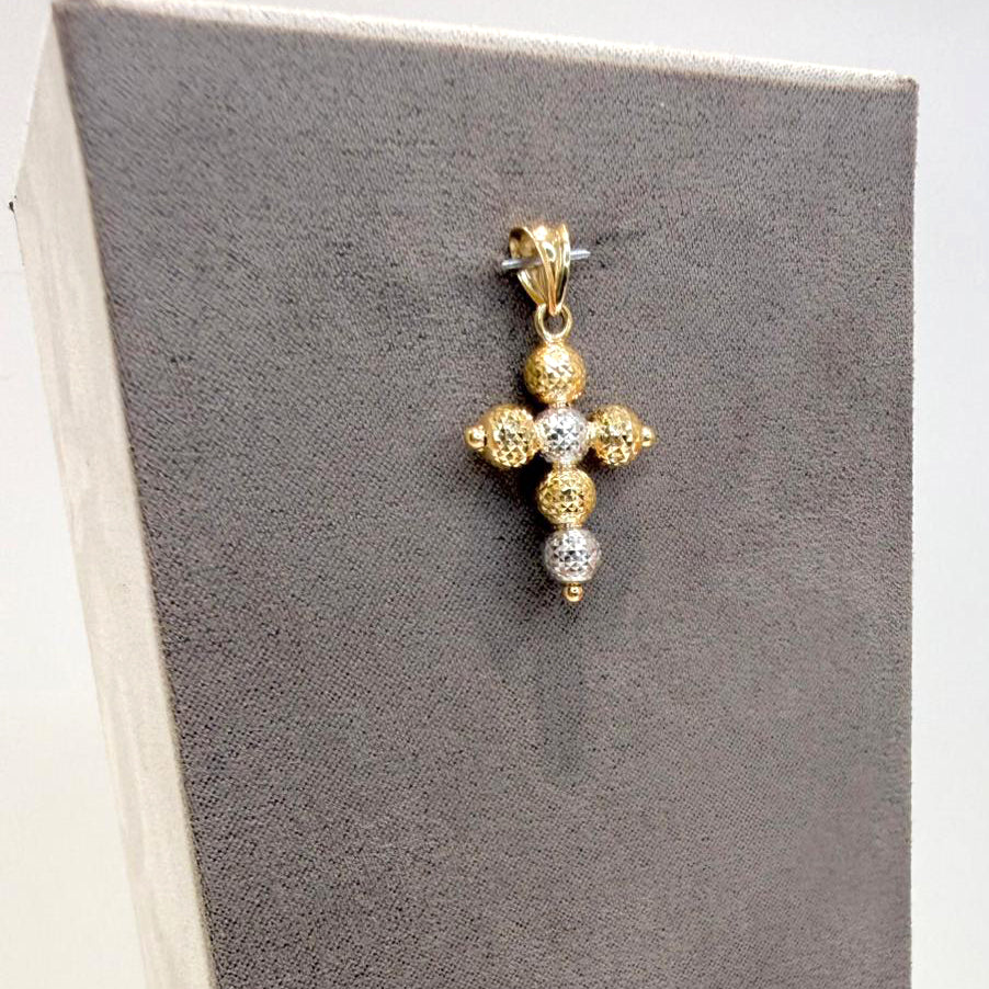 Ciondolo a croce in oro giallo e bianco 18KT (750) con sfere diamantate unisex