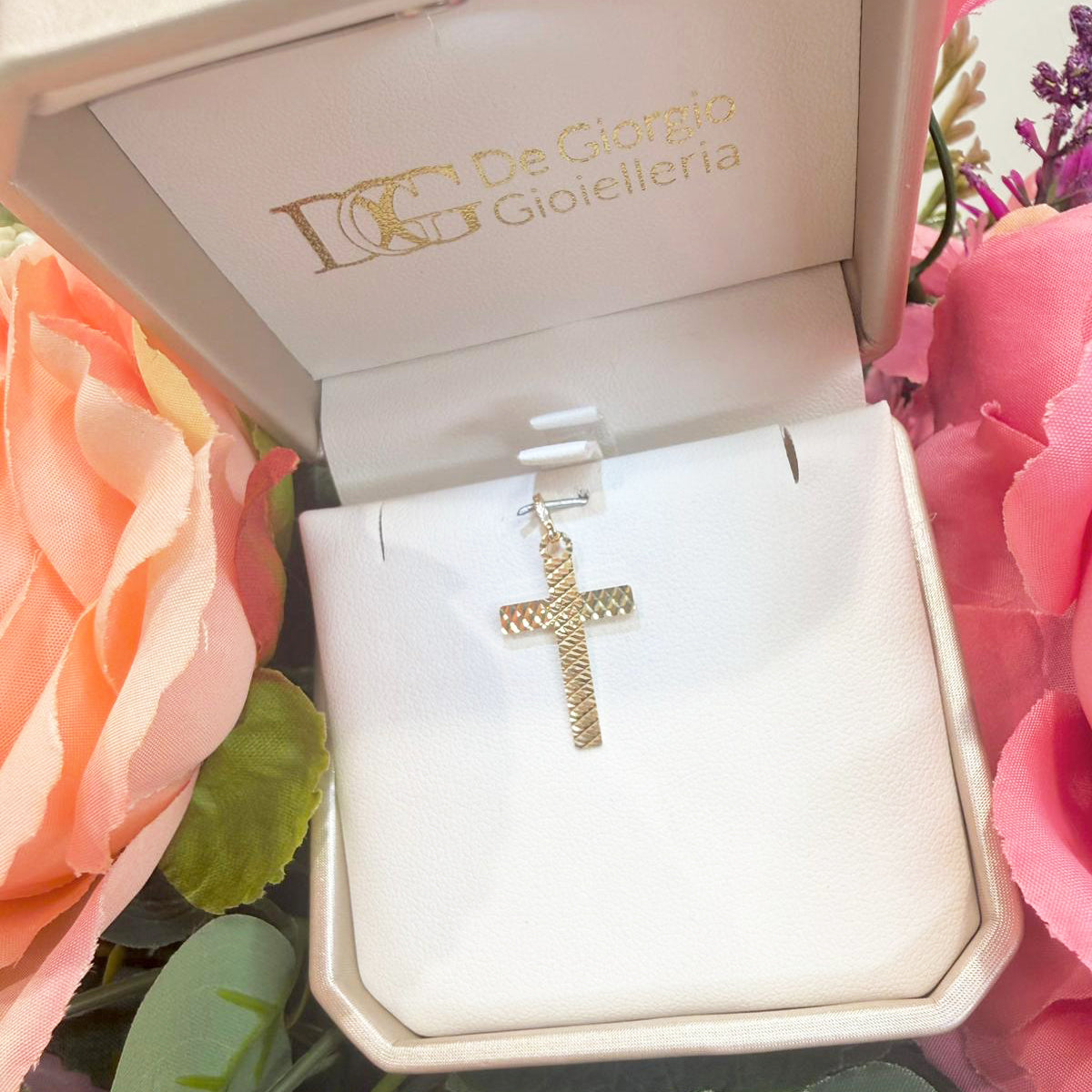 Ciondolo croce unisex in oro giallo 18 Kt (750) con lavorazione diamantata