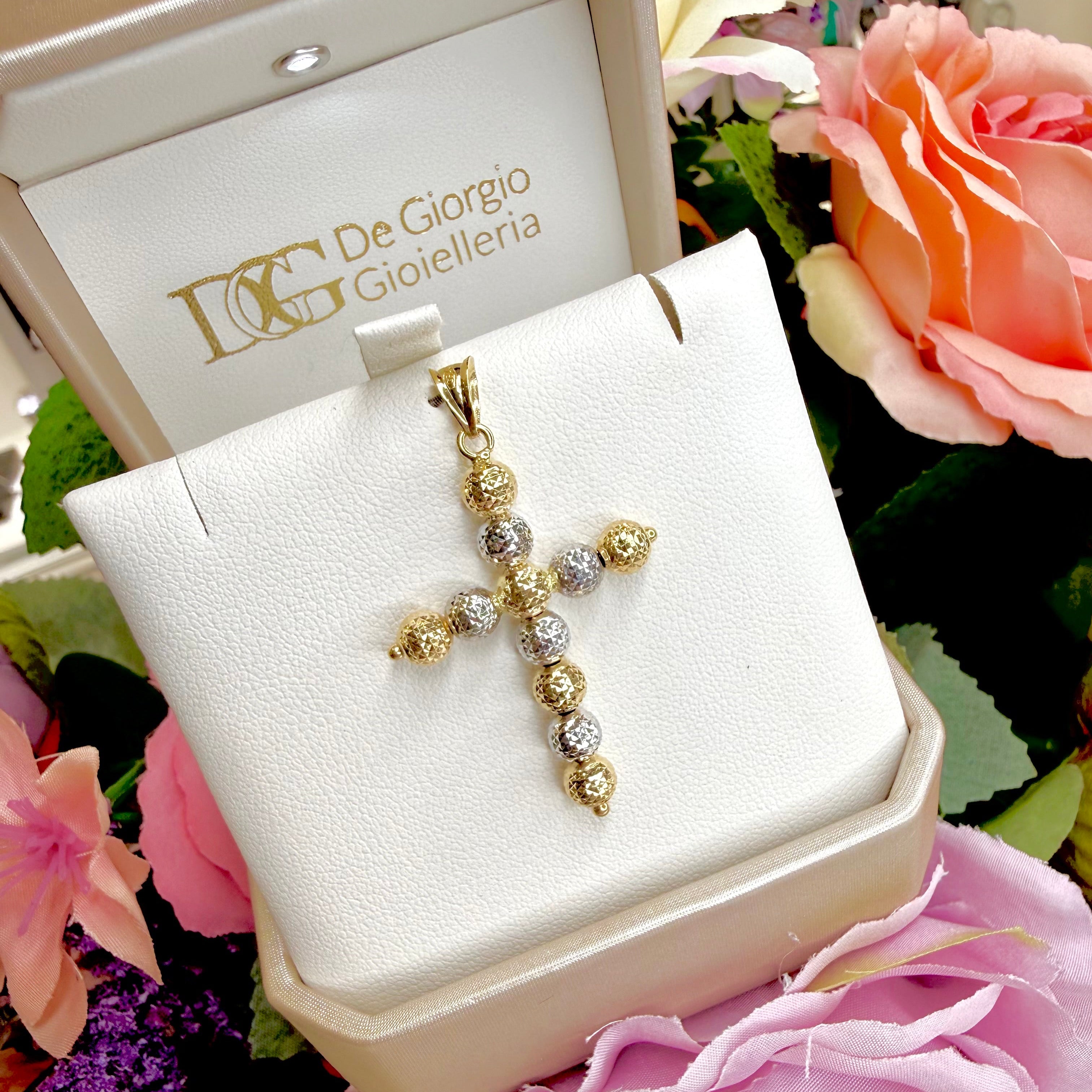Ciondolo a croce in oro giallo e bianco 18KT (750) con sfere diamantate unisex