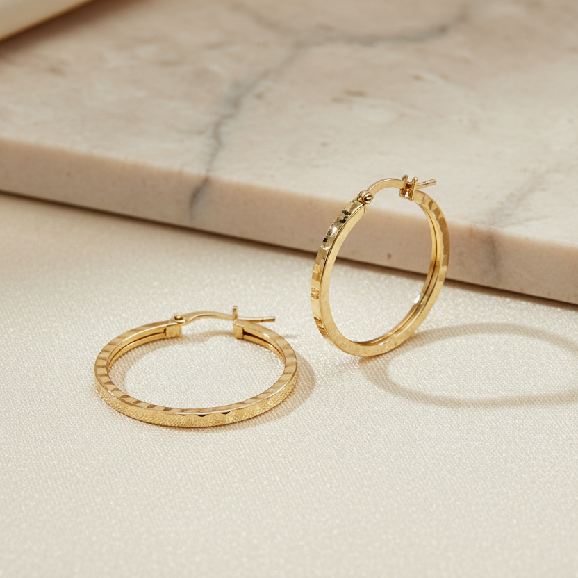 Orecchini a cerchio in oro giallo 18KT (750) con lavorazione diamantata