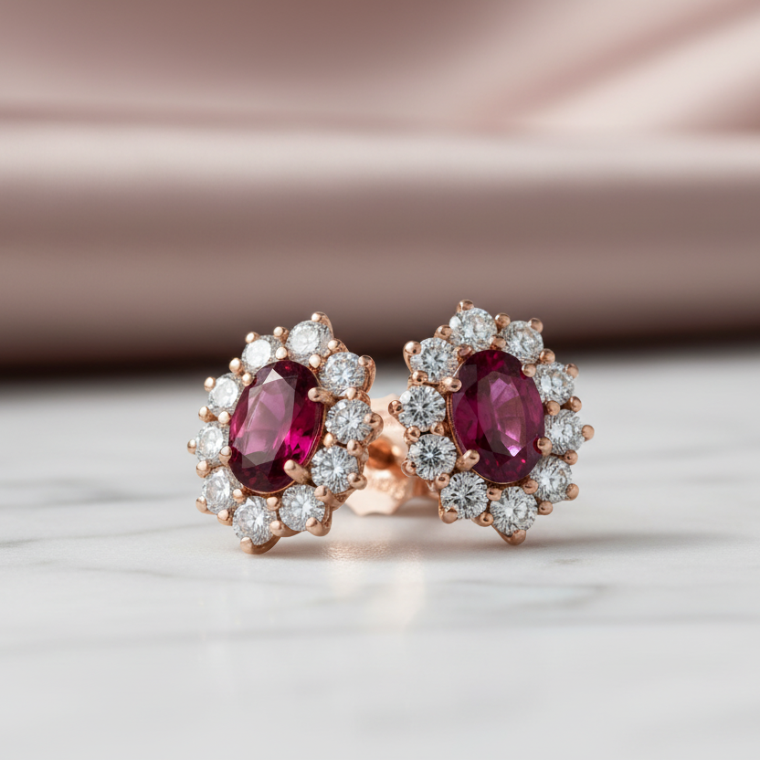 ORECCHINI OVALI IN ORO ROSA 18 CARATI CON DIAMANTI E RUBINI