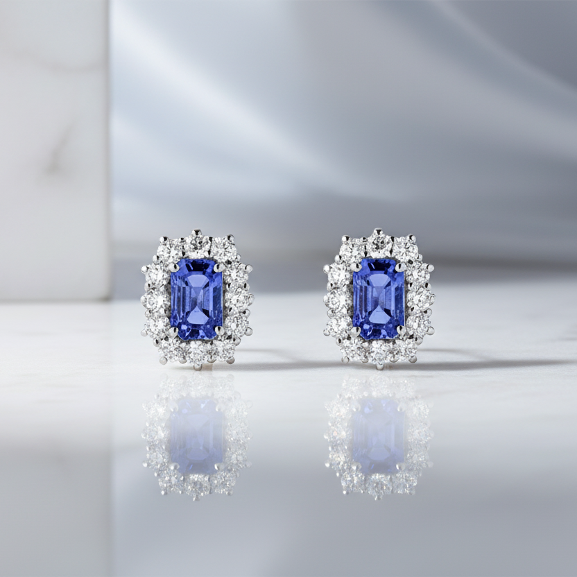 18K WHITE GOLD EARRINGS WITH DIAMONDS AND TANZANITES