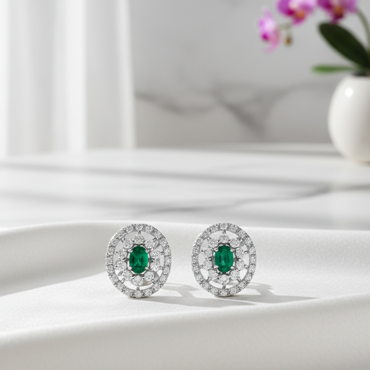 ORECCHINI IN ORO BIANCO 18 CARATI CON DIAMANTI E SMERALDI