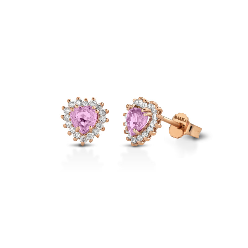 ORECCHINI CUORE IN ORO ROSA 18KT CON DIAMANTI E ZAFFIRI ROSA