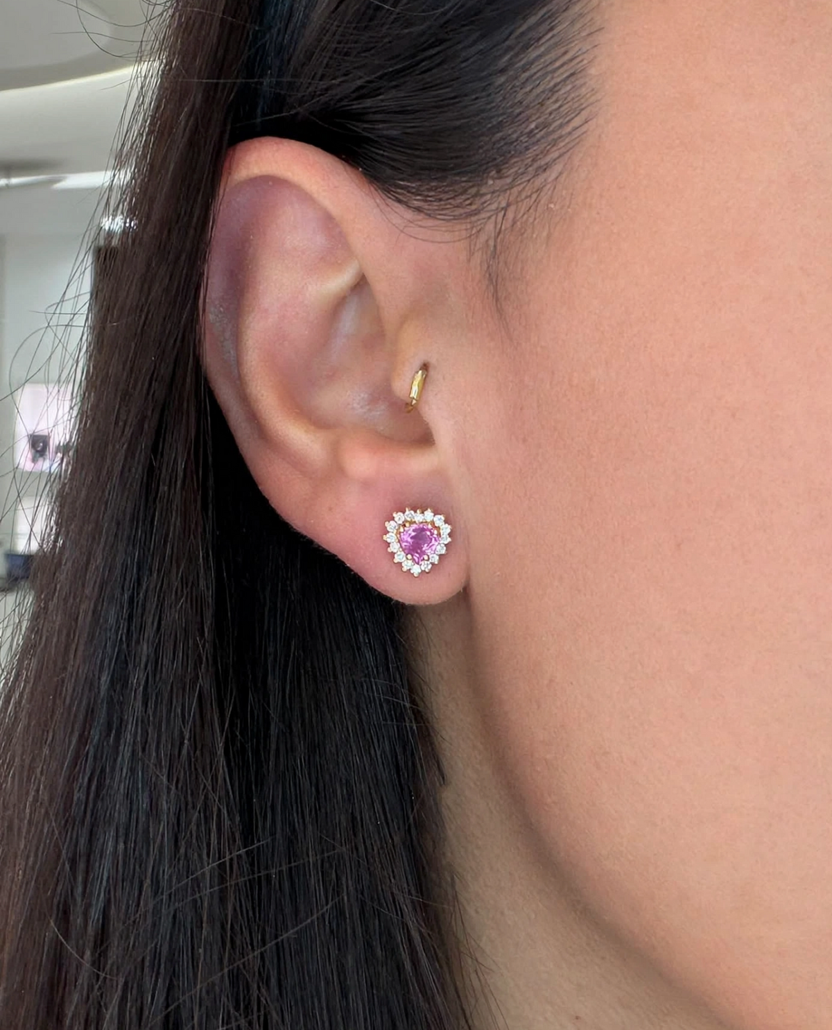 ORECCHINI CUORE IN ORO ROSA 18KT CON DIAMANTI E ZAFFIRI ROSA