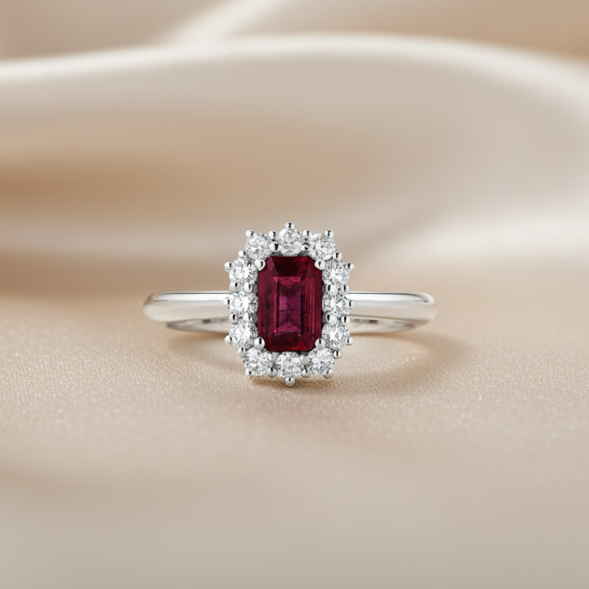 18K WHITE GOLD RING WITH DIAMONDS AND RUBY