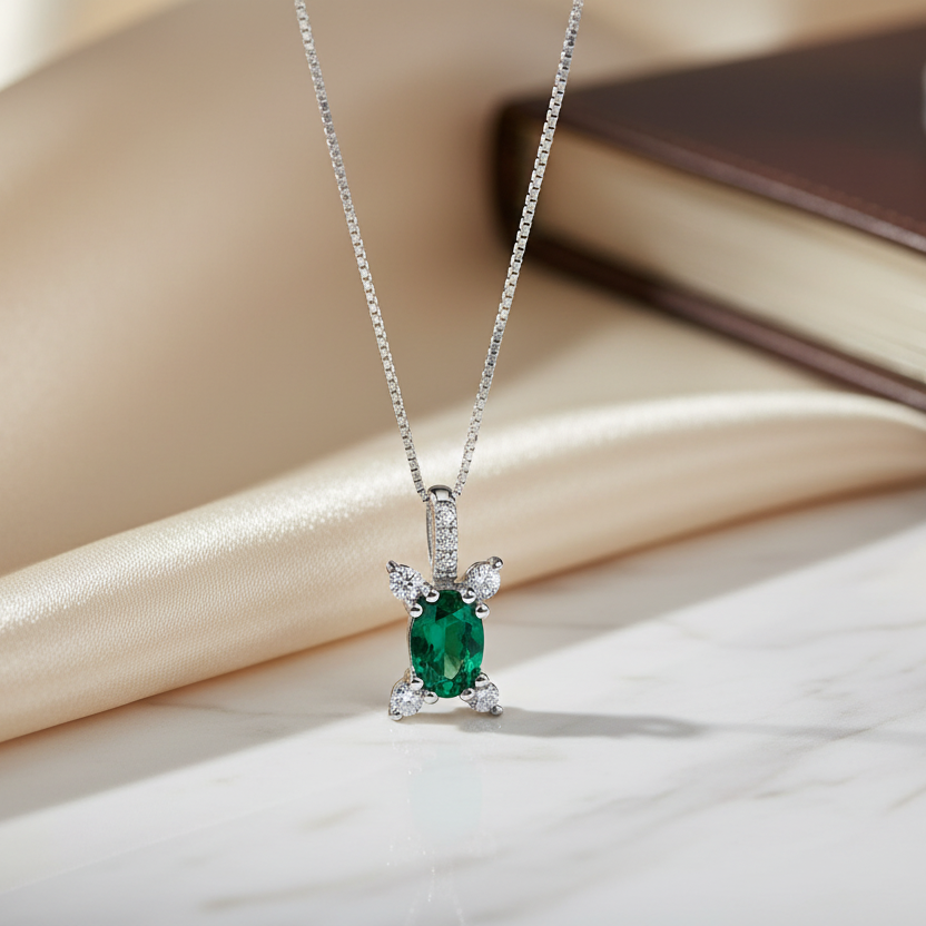 COLLANA IN ORO BIANCO 18KT CON DIAMANTI E SMERALDO