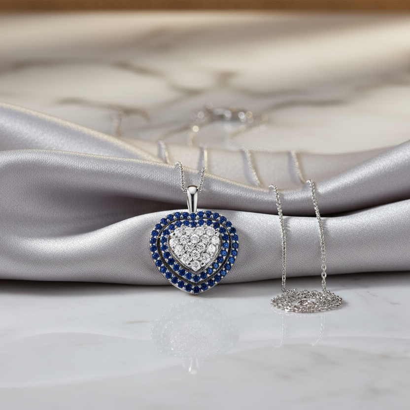 COLLANA CON CUORE IN ORO BIANCO 18KT CON DIAMANTI E ZAFFIRO