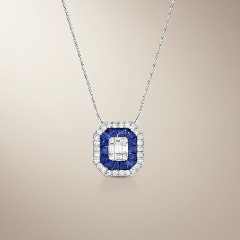 COLLANA IN ORO BIANCO 18KT DIAMANTI, BAGUETTE E ZAFFIRI