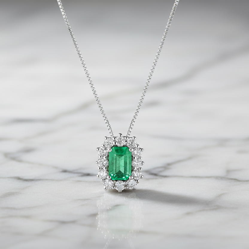 COLLANA IN ORO BIANCO 18KT CON DIAMANTI E SMERALDO