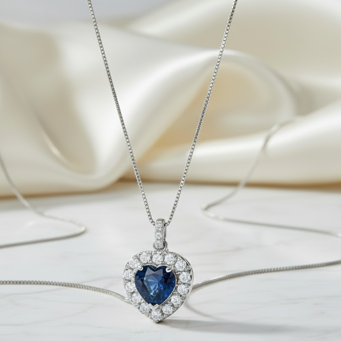 COLLANA CUORE IN ORO BIANCO 18KT CON DIAMANTI E ZAFFIRO